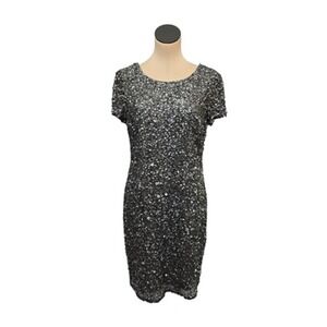 Adrianna Papell Dress Womens Medium Gray Sequin Short Sleeve Cocktail Party Glam